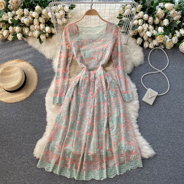 

dresses design french lace women square collar long sleeve elegant a-line es spring fashion streetwear midi, Black;gray
