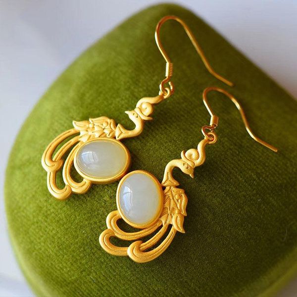 

dangle & chandelier s silver inlaid natural hetian jade earrings chinese style classical niche design phoenix light luxury women's bran