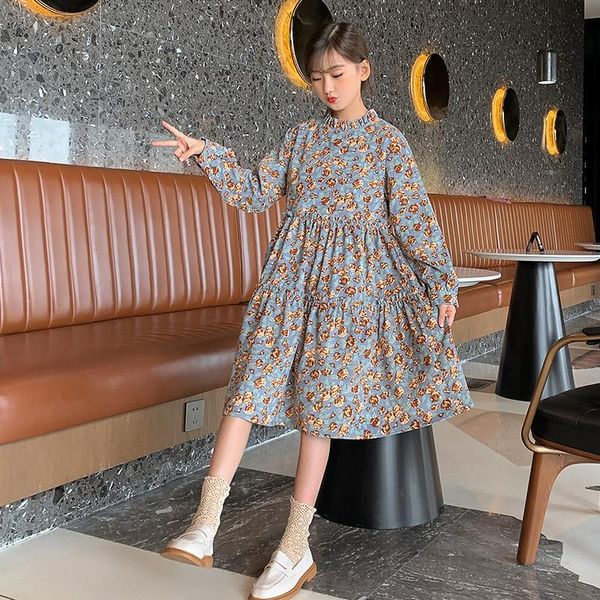 

girl's dresses 2021autumn girl dress elegant long sleeve floral print kids for girls princess costume children clothing 4 6 8 10 12 14y, Red;yellow