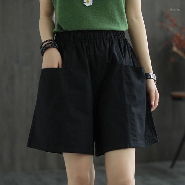 

women's shorts women oversized solid high elastic waist empire pockets females korean loose leisure summer trousers, White;black