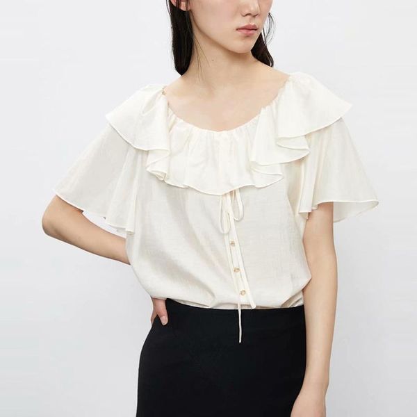 

women's blouses & shirts casual ruffles sleeve preppy style blouse o neck lace up loose solid color summer vacation beach shirt ladies, White