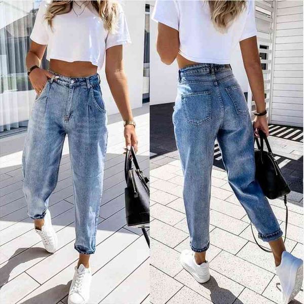 

summer casual temperament ladies jeans straight mid-waist comfortable harem pants womens denim feet trousers ws24, Blue
