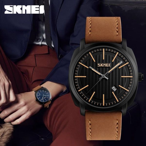 

wristwatches skmei fashion casual quartz men watches analog wristwatch waterproof date leather band relogio masculino 9169, Slivery;brown