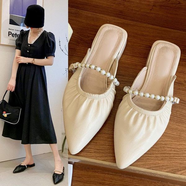 

slippers women shoes solid folds pointed toe pearl low heels ladies slides fashion casual outdoor shallow female summer, Black