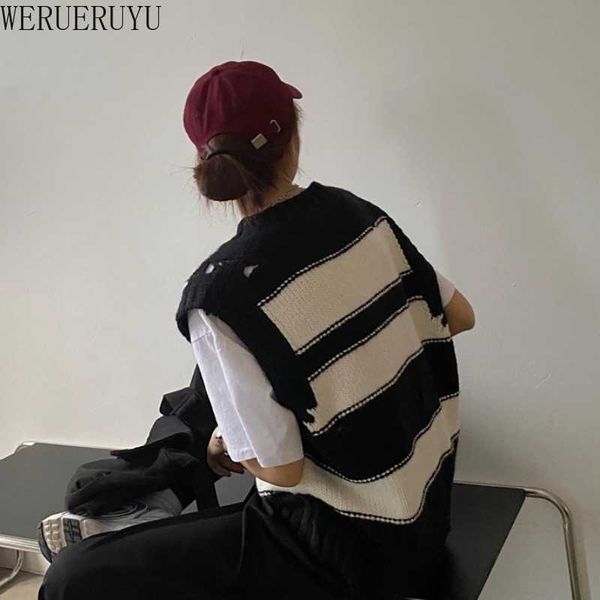 

werueruyu striped knit vest sweater sleeveless jumper fall winter japan harajuku casual preppy style pullover knitting waistcoat 210608, Black;white