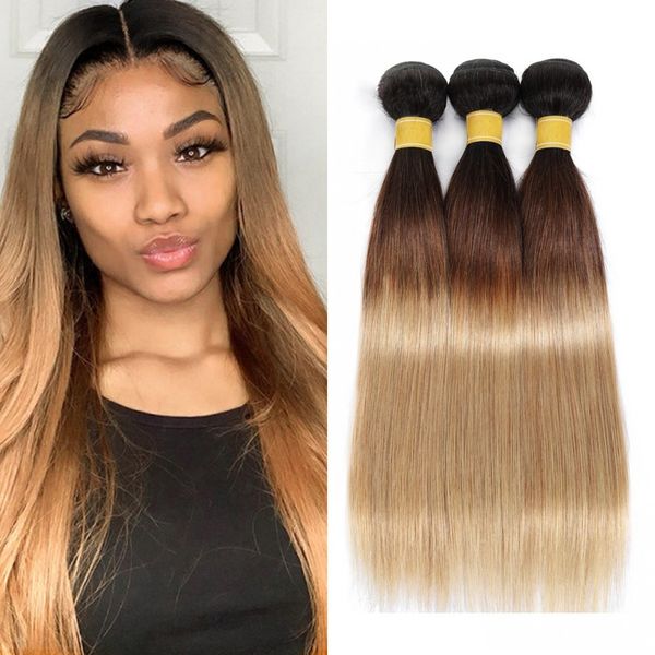 

brazilian straight weave bundles 1b/4/27 ombre brown three tone colored human hair extensions 3/4pcs, Black