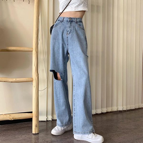 

women's jeans woman pants summer loose high waist knee ripped straight long pantalones vaqueros mujer, Blue