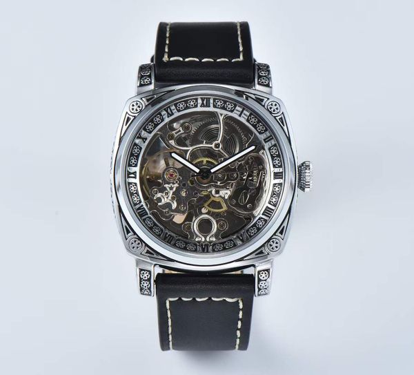 

skeleton watch automatic leather strap repouse men gift, Slivery;brown