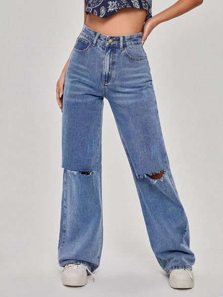 

high waist ripped wide leg jeans p85e#, Blue