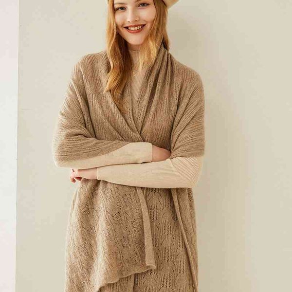 

women's knits & tees 2021 european and american bright silk 100% pure female cashmere xale hollow-out knit rectangular solid color scar, White