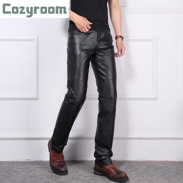 

autumn and winter genuine leather pants men windproof sheepskin motorcycle down thick straight trousers men's, Black