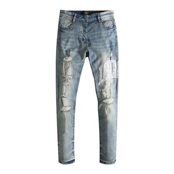 

am2021 washed hole side am letter men's jeans, Blue
