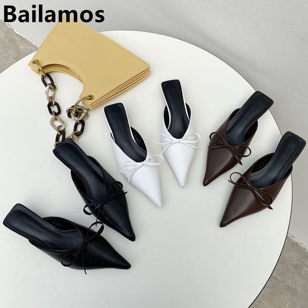 

slippers bailamos women's cat heels slides outer wear fashion pointed-toe bow closed-toe semi-slipper thin heeled high-heel muller, Black