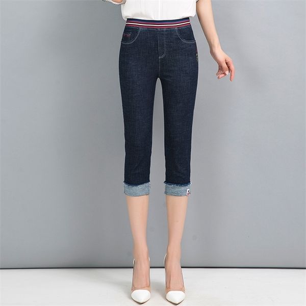 

2021 summer denim jeans women streetwear high waist calf-length embroidery ladies skinny pencil pants plus size 3xl 4xl 5xl, Blue