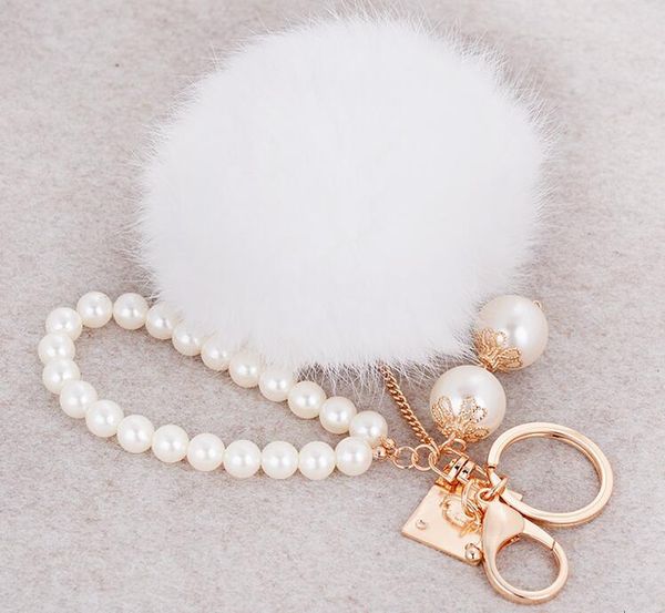 

fashion imitation rabbit fur ball keychain pearl beaded fur pompons key rings keychains women car bag charms pendant chaveiro, Slivery;golden