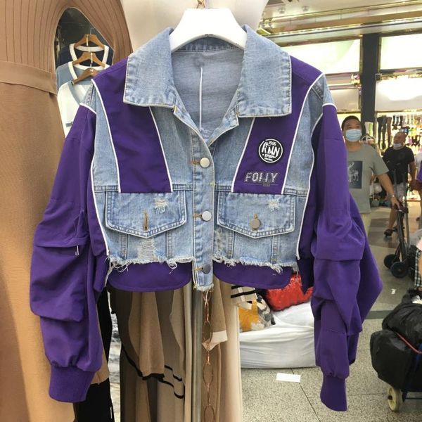

women's jackets purple jean patchwork women casual turn-down neck punk good quality loose coat for hip hop dance clothes, Black;brown