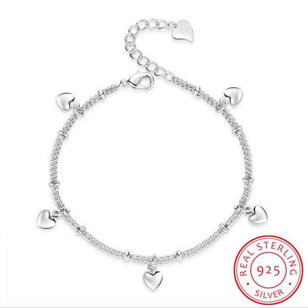

925 sterling sier bracelets for women five love heart charm sier chain bracelet pulseira gift wedding lucky fine jewelry, Golden;silver