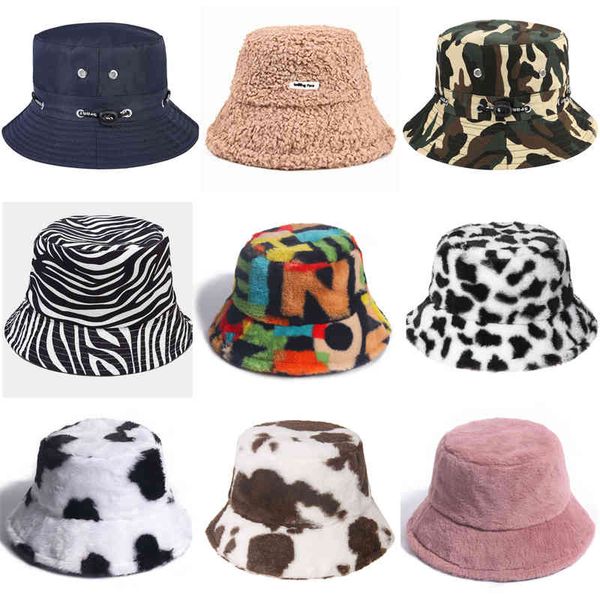 

autumn winter cotton plush bucket hats women thick panama cow leopard fisherman hat lady girls outdoor travel street caps, Blue;gray