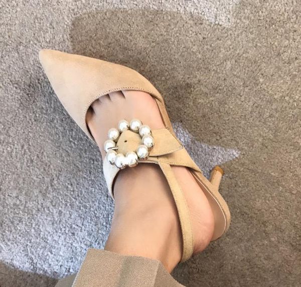 

sell high heels beige suede pearl buckle real leather women designer pumps wedding shoes size 34 to 40 7cm 9cm, Black