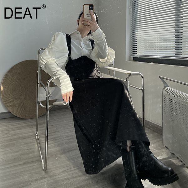 

deat set spring fashion women clothes lantern sleeves white cotton shirt turn-down collar single breasted and black skirt 210428, Black;gray