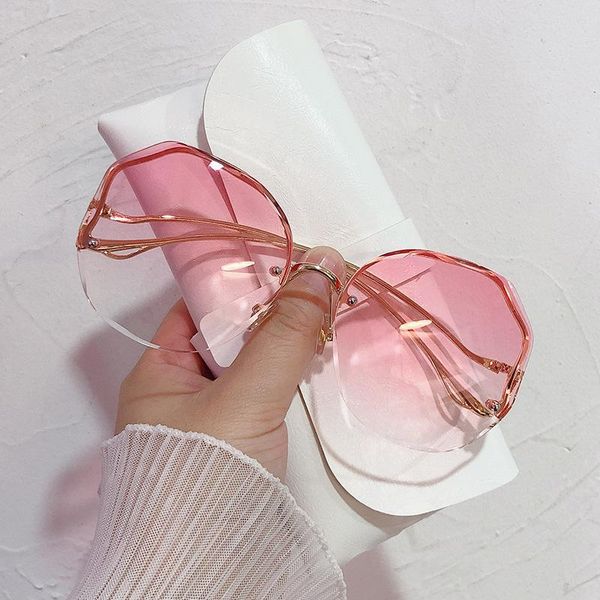 

outdoor eyewear rimless round sunglasses women gradient oversized vintage ladies blue pink shades uv400