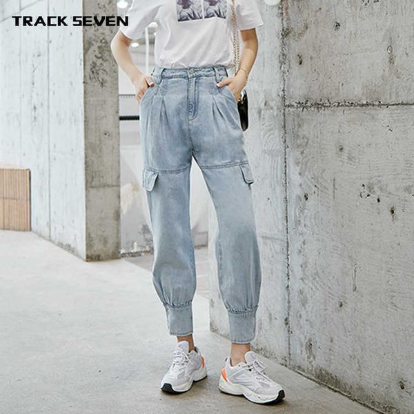 

fashion jeans trackseven korean casual versatile comfortable high waist loose thin overalls for women, Blue