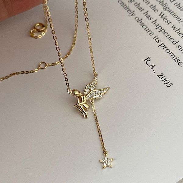 

chains enshir 925 sterling silver angel necklace romantic golden star tassel clavicle chain