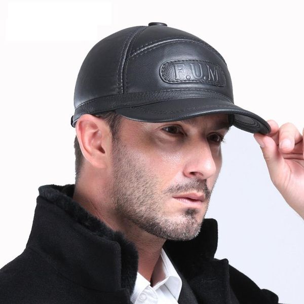 

visors genuine real cow leather caps warm men ear protection hat fitted casual solid russian winter sheep fur cap drop, Blue;gray