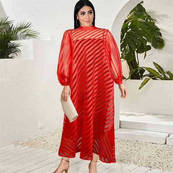 Плюс размер 4XL рубашка платья с длинным рукавом красный полосатый стенд воротник Смотрите через линию негабаритный прозрачный летний повседневный халат 210527