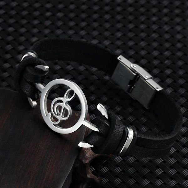 

charm bracelets 2021 fashion jewelry vintage stainless steel music symbol bracelet men cuff genuine leather pulsera, Golden;silver