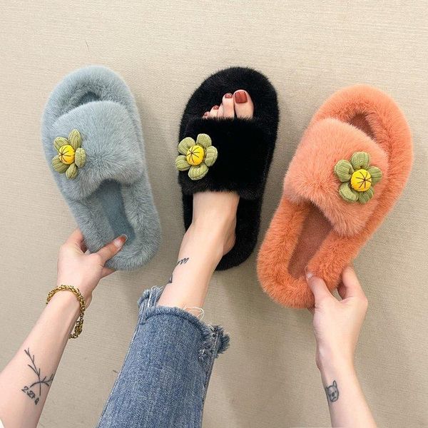 

sandals 2021 velvet shoes large size fur heels suede big low outside girls rubber short plush flock slipper floral basic flo, Black