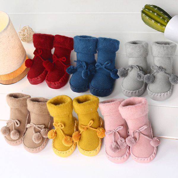 Babyschuhe mit weicher Sohle und rutschfesten Samt-Bodensocken, Schleife, Bommel, für Kleinkinder, dick, warm, für erste Wanderer, wasserdichte Stiefeletten_xm