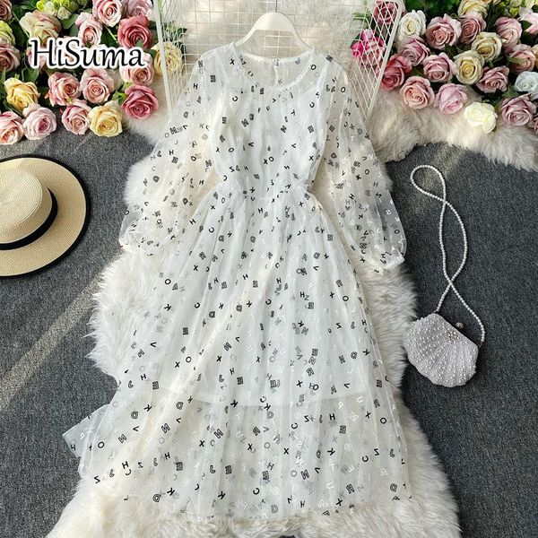 

casual dresses 2021 spring letter printing gauze dress women o-neck long sleeve waist mesh party female chic elegant a-line, Black;gray