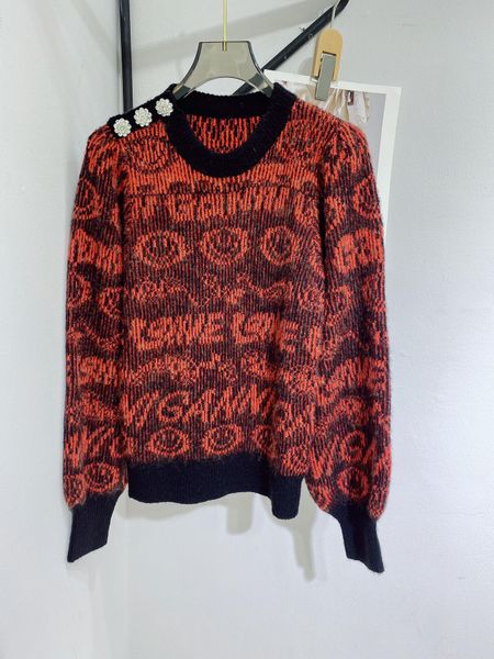 

smiling face round neck printed red mohair sweater, White;black