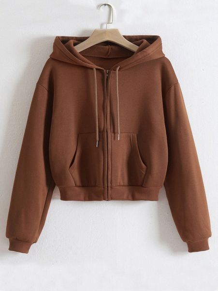 

zip up drop shoulder drawstring thermal lined crop hoodie b7p9#, White;black