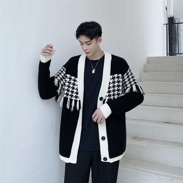 

men's sweaters men vintage korean streetwear fashion loose casual plaid sweater cardigan coat man tassel knitwear jacket, White;black
