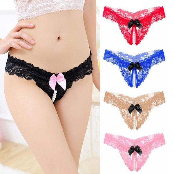 

women's panties women open crotch lingerie crotchless pearl lace bowknot thongs g-string nightwear underwear hollow out transparent, Black;pink