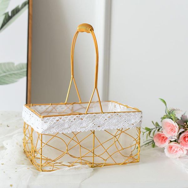 

storage baskets golden wrought iron mesh flower basket portable woven picnic