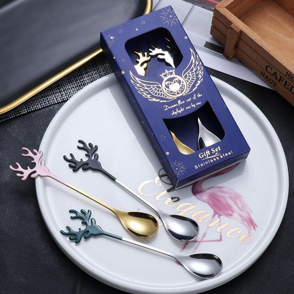 

spoons christmas stainless steel spoon gift tableware set elk coffee stirring fun year mini