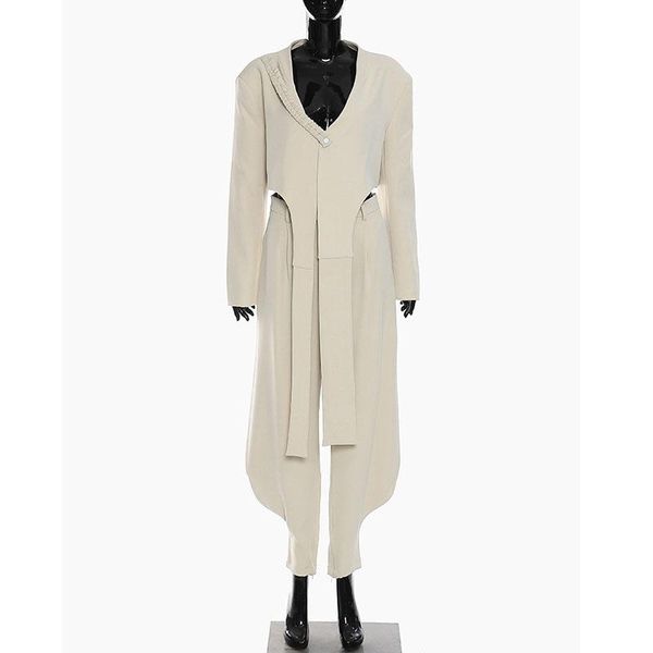 

women's two piece pants seebeautiful pieces stitching irregular tailoring one button loose coat lace up pencil fashion 2021 autumn e739, White