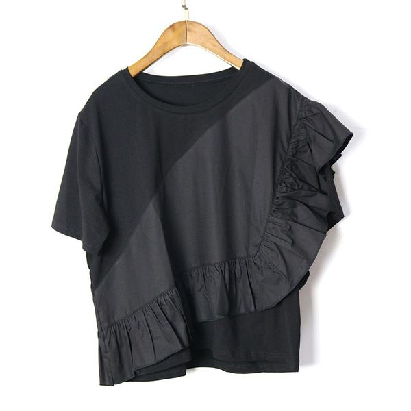

women's t-shirt superaen 2021 asymmetric stitching lotus leaf edge short sleeve summer korean, White
