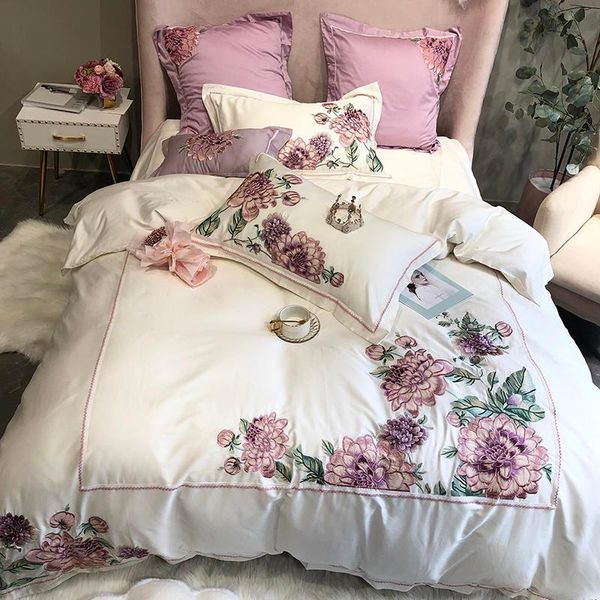 

bedding sets luxury lotus flower embroidery satin silky egyptian cotton set double duvet cover bed linen pillowcases home textile