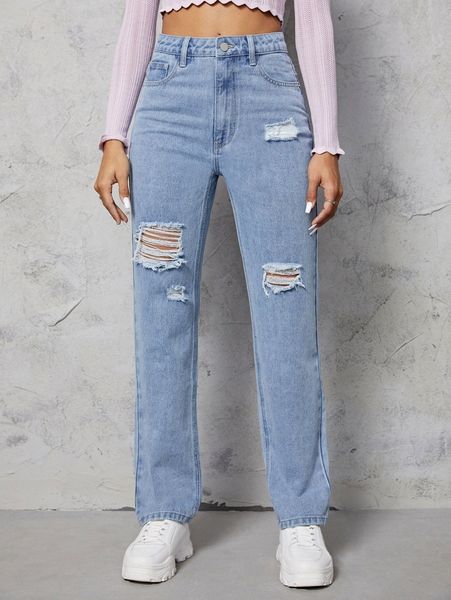 

ripped frayed straight leg jeans x6iq#, Blue