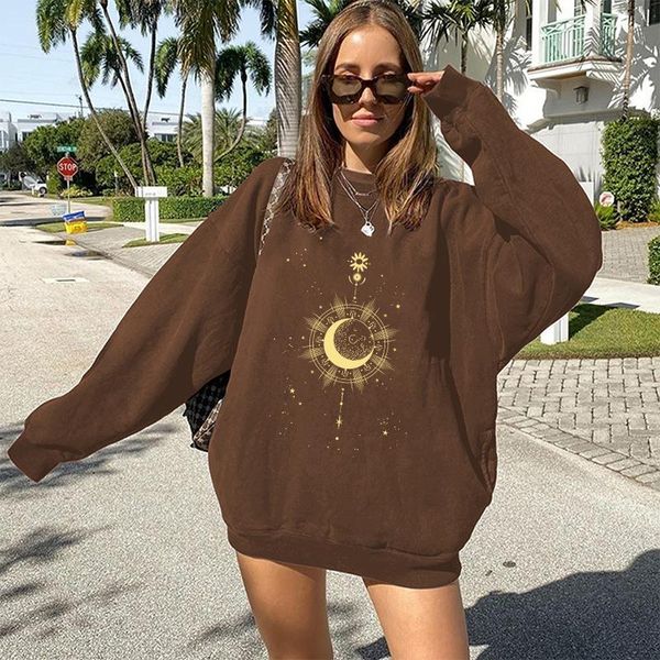 

women's hoodies & sweatshirts plus size 2021 women drop shoulder vintage golden sun moon stars print long sleeve streetwear, Black