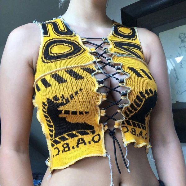 

women's tanks & camis yellow lace up sleeveless tank harajuku letter hollow out knitted vest crop fashion punk streetwear ve5, White