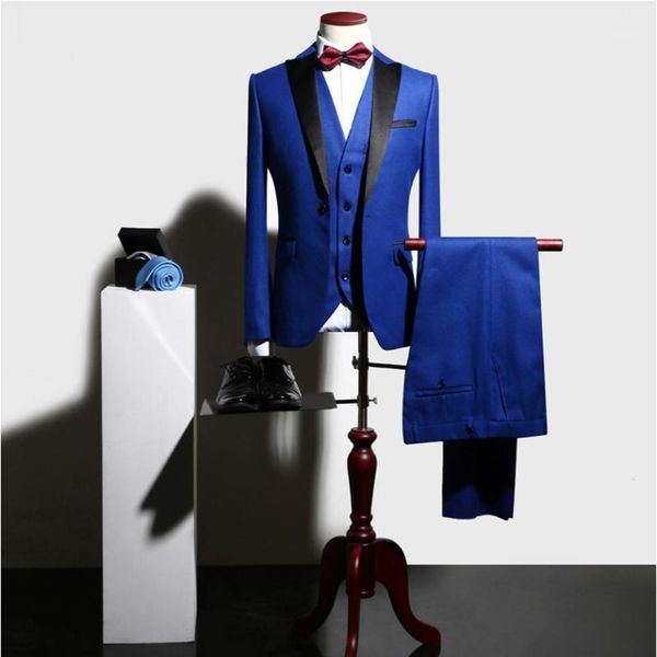 

royal blue costume homme groom tuxedos black lapel wedding men prom blazer terno masculino 3 pcs (jacket+pants+vest) men's suits & blaz, White;black