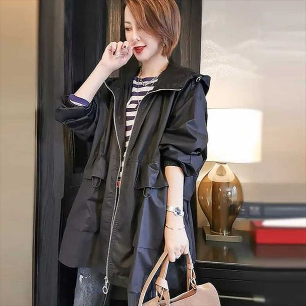 

women's vests pure cotton windbreaker mid-length 2021 spring and autumn loose casual tooling hooded jacket women, Black;white