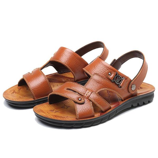 

sandals summer men genuine leather shoes slip-on slippers male comfortable beach brown man sandal zapatillas hombre, Black