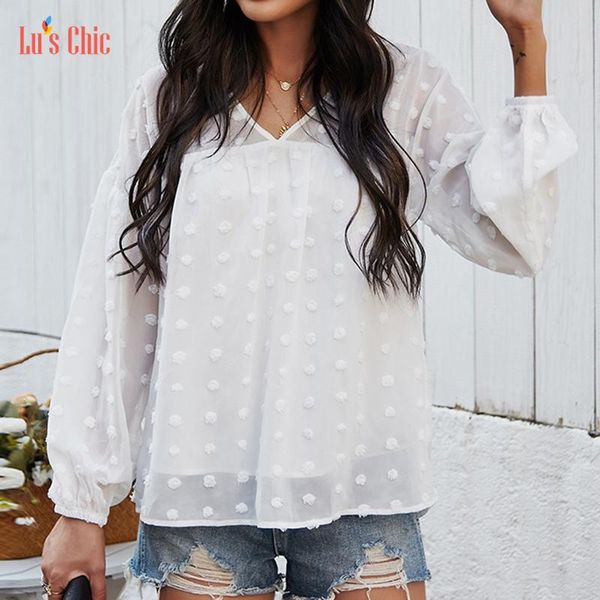 

women's blouses & shirts lu's chic long sleeve v neck blouse chiffon tshirt swiss dot pom summer solid casual, White