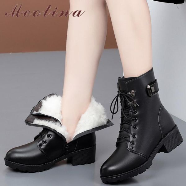 

boots meotina genuine leather real wool fur platform mid heel ankle women shoes zip lace up rivet block heels motorcycle, Black